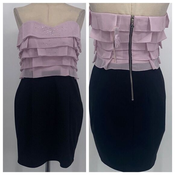 NWT Lipsy London UK Frill Bandeau Mini Dress Rhinestone Chiffon Bling Black Pink - Picture 1 of 16